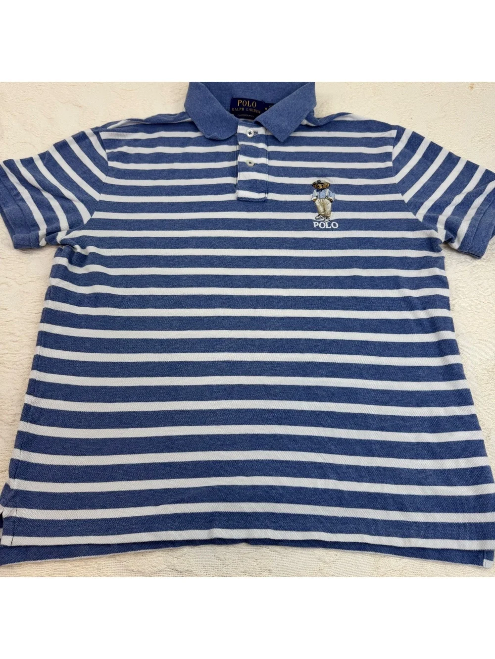 Polo Ralph Lauren Men’s M Hemingway Polo Bear Blue White Striped Polo Shirt